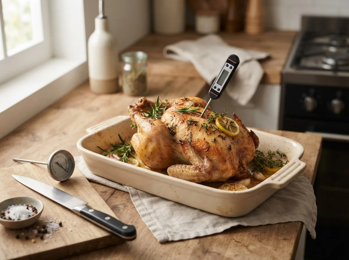 Termometro inserito in un petto di pollo